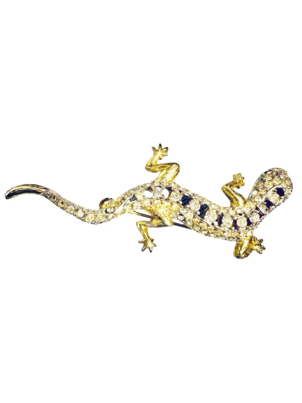 Vtg Gold Tone Rhinestone Lizard Brooch Crystal Gecko Pin Missing some stones